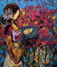 Shazly Khan, My love for flowers and morning tea!, 20 x 24 Inch, Acrylic on Canvas, Figurative Paintings, AC-SZK-145 Shazly Khan, My love for flowers and morning tea!, 20 x 24 Inch, Acrylic on Canvas, Figurative Paintings, AC-SZK-145